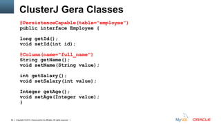 Copyright © 2015, Oracle and/or its affiliates. All rights reserved.69
ClusterJ Gera Classes
@PersistenceCapable(table="employee")
public interface Employee {
long getId();
void setId(int id);
@Column(name="full_name")
String getName();
void setName(String value);
int getSalary();
void setSalary(int value);
Integer getAge();
void setAge(Integer value);
}
 