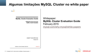 Copyright © 2015, Oracle and/or its affiliates. All rights reserved.77
Algumas limitações MySQL Cluster no white paper
Whitepaper:
MySQL Cluster Evaluation Guide
February 2015
mysql.com/why-mysql/white-papers
 