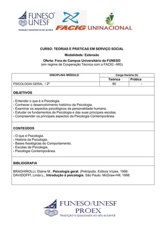 CURSO: TEORIAS E PRÁTICAS EM SERVIÇO SOCIAL
Modalidade: Extensão
Oferta: Fora do Campus Universitário da FUNESO
(em regime de Cooperação Técnica com a FACIG –MG)
DISCIPLINA /MÓDULO Carga Horária (h)
Teórica Prática
PSICOLOGIA GERAL / 2º 80 -
OBJETIVOS
- Entender o que é a Psicologia.
- Conhecer o desenvolvimento histórico da Psicologia.
- Examinar os aspectos psicológicos da personalidade humana.
- Estudar os fundamentos da Psicologia e das suas principais escolas.
- Compreender os principais aspectos da Psicologia Contemporânea.
CONTEÚDOS
- O que é Psicologia.
- História da Psicologia.
- Bases fisiológicas do Comportamento.
- Escolas de Psicologia.
- Psicologia Contemporânea.
BIBLIOGRAFIA
BRAGHIROLLI, Elaine M., Psicologia geral. (Petrópolis: Editora Vozes, 1998.
DAVIDOFFf, Linda L., Introdução à psicologia. São Paulo: McGraw-Hill, 1998.
 