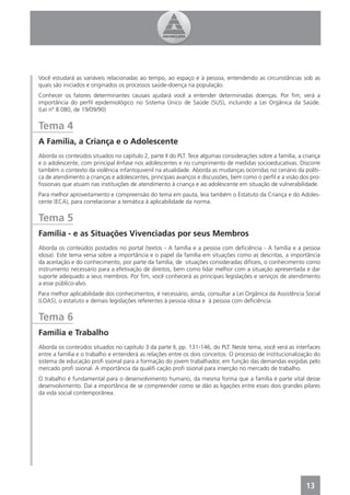 Você estudará as variáveis relacionadas ao tempo, ao espaço e à pessoa, entendendo as circunstâncias sob as
quais são iniciados e originados os processos saúde-doença na população.
Conhecer os fatores determinantes causais ajudará você a entender determinadas doenças. Por ﬁm, verá a
importância do perﬁl epidemiológico no Sistema Único de Saúde (SUS), incluindo a Lei Orgânica da Saúde.
(Lei nº 8.080, de 19/09/90)


Tema 4
A Família, a Criança e o Adolescente
Aborda os conteúdos situados no capítulo 2, parte II do PLT. Tece algumas considerações sobre a família, a criança
e o adolescente, com principal ênfase nos adolescentes e no cumprimento de medidas socioeducativas. Discorre
também o contexto da violência infantojuvenil na atualidade. Aborda as mudanças ocorridas no cenário da políti-
ca de atendimento a crianças e adolescentes, principais avanços e discussões, bem como o perﬁl e a visão dos pro-
ﬁssionais que atuam nas instituições de atendimento à criança e ao adolescente em situação de vulnerabilidade.
Para melhor aproveitamento e compreensão do tema em pauta, leia também o Estatuto da Criança e do Adoles-
cente (ECA), para correlacionar a temática à aplicabilidade da norma.


Tema 5
Família - e as Situações Vivenciadas por seus Membros
Aborda os conteúdos postados no portal (textos - A família e a pessoa com deﬁciência - A família e a pessoa
idosa). Este tema versa sobre a importância e o papel da família em situações como as descritas, a importância
da aceitação e do conhecimento, por parte da família, de situações consideradas difíceis, o conhecimento como
instrumento necessário para a efetivação de direitos, bem como lidar melhor com a situação apresentada e dar
suporte adequado a seus membros. Por ﬁm, você conhecerá as principais legislações e serviços de atendimento
a esse público-alvo.
Para melhor aplicabilidade dos conhecimentos, é necessário, ainda, consultar a Lei Orgânica da Assistência Social
(LOAS), o estatuto e demais legislações referentes à pessoa idosa e à pessoa com deﬁciência.


Tema 6
Família e Trabalho
Aborda os conteúdos situados no capítulo 3 da parte II, pp. 131-146, do PLT. Neste tema, você verá as interfaces
entre a família e o trabalho e entenderá as relações entre os dois conceitos. O processo de institucionalização do
sistema de educação proﬁ ssional para a formação do jovem trabalhador, em função das demandas exigidas pelo
mercado proﬁ ssional. A importância da qualiﬁ cação proﬁ ssional para inserção no mercado de trabalho.
O trabalho é fundamental para o desenvolvimento humano, da mesma forma que a família é parte vital desse
desenvolvimento. Daí a importância de se compreender como se dão as ligações entre esses dois grandes pilares
da vida social contemporânea.




                                                                                                            13
 