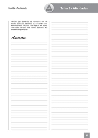 Família e Sociedade                                           Tema 3 - Atividades



  limitada pela condição de residência em um        ____________________________________________
  mesmo domicílio, existindo ou não entre seus      ____________________________________________
  membros esses vínculos. Esse aspecto das trans-
                                                    ____________________________________________
  formações sofridas pela família brasileira foi
  apreendido por você?                              ____________________________________________
                                                    ____________________________________________
                                                    ____________________________________________
                                                    ____________________________________________
   Anotações                                        ____________________________________________
  ____________________________________________      ____________________________________________
  ____________________________________________      ____________________________________________
  ____________________________________________      ____________________________________________
  ____________________________________________      ____________________________________________
  ____________________________________________      ____________________________________________
  ____________________________________________      ____________________________________________
  ____________________________________________      ____________________________________________
  ____________________________________________      ____________________________________________
  ____________________________________________      ____________________________________________
  ____________________________________________      ____________________________________________
  ____________________________________________      ____________________________________________
  ____________________________________________      ____________________________________________
  ____________________________________________      ____________________________________________
  ____________________________________________      ____________________________________________
  ____________________________________________      ____________________________________________
  ____________________________________________      ____________________________________________
  ____________________________________________      ____________________________________________
  ____________________________________________      ____________________________________________
  ____________________________________________      ____________________________________________
  ____________________________________________      ____________________________________________
  ____________________________________________      ____________________________________________
  ____________________________________________      ____________________________________________
  ____________________________________________      ____________________________________________
  ____________________________________________      ____________________________________________
  ____________________________________________      ____________________________________________
  ____________________________________________      ____________________________________________
  ____________________________________________      ____________________________________________
  ____________________________________________      ____________________________________________
  ____________________________________________      ____________________________________________
  ____________________________________________      ____________________________________________
  ____________________________________________      ____________________________________________
  ____________________________________________      ____________________________________________
  ____________________________________________      ____________________________________________
  ____________________________________________      ____________________________________________
  ____________________________________________      ____________________________________________
  ____________________________________________      ____________________________________________
  ____________________________________________      ____________________________________________



                                                                                             33
 