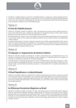 Entretanto, a Inglaterra passou a pressionar a sociedade brasileira e a exigir que a mesma acabasse primeira-
mente com o chamado tráﬁco negreiro e, posteriormente, com a escravidão. Os grandes proprietários de terra
temiam que, sem os escravos, as plantações de café não se mantivessem pela ausência de mão-de-obra para
atuar nas lavouras. Instalou-se a crise do trabalho escravo.


Tema 3
A Crise do Trabalho Escravo
Aborda os conteúdos situados no capítulo 5. Nele, você observará que alguns grupos políticos passaram a
buscar novas alternativas para a questão da substituição da mão-de-obra escrava no País. Nesse contexto
aprovavam-se leis que ﬁnanciavam a vinda de imigrantes para o Brasil.
Quando ﬁnalmente se colocou um ﬁm à escravidão, o País já estava então preparado para um novo momento
na sua história. Desde o início, a política de imigração brasileira tinha por objetivo abastecer de trabalhadores
a lavoura cafeeira.
O próprio Estado passou a ﬁnanciar a vinda de imigrantes para o Brasil, responsabilizando-se pelo recruta-
mento, transporte e distribuição dos trabalhadores, o que assegurava a entrada dos mesmos nas fazendas de
café e na expansão de tal cultura agrícola. E, continuamente, a expansão do ﬂuxo imigratório permaneceu
diretamente ligada à expansão cafeeira no País.


Tema 4
A Imigração e o Esgotamento do Sistema Cafeeiro
Aborda os conteúdos situados nos capítulos 6 e 7. Neles, você observará que a sociedade passava por uma
transição, os ex-escravos tinham de se adaptar à ordem capitalista, os imigrantes precisavam se adaptar ao
novo País, os fazendeiros se habituavam ao trabalho assalariado.
Ao longo dos anos, a produção do café passou a crescer consideravelmente, tanto que o País passou a viven-
ciar crises relativas à superprodução de café, o que passou a abalar o poder da elite cafeeira. Destaca-se nesse
sentido, ainda, a crise de 1929, que derrubou os preços e o mercado de café e a situação da elite cafeeira se
tornou crítica.


Tema 5
O Brasil Republicano e a Industrialização
Aborda os conteúdos situados nos capítulos 8 e 9. Neles, você observará que passado o impacto da grande
crise, o Brasil se voltou à industrialização, com o apoio da própria elite agrária. Foi o primeiro momento em
que o País deixou de lado a exportação agrícola para lidar com a produção interna de bens industrializados,
consumidos também pela referida elite. Com esse contexto, por outro lado, se deu o começo da urbanização
da sociedade brasileira.


Tema 6
As Diferenças Econômicas Regionais no Brasil
Aborda os conteúdos situados no capítulo 10. Nele, você observará que a formação de centros industriais
levou ao crescimento considerável de algumas cidades brasileiras. Entretanto, isso se deu de forma rápida e
desestruturada, caso, por exemplo, da cidade de São Paulo. Foi um momento de transformação da sociedade
brasileira, em meio à acelerada urbanização do País; novos problemas e novas necessidades surgiam. Era pre-
ciso olhar, entre outras coisas, para a educação, a ciência e a tecnologia, para se lidar com a nova e complexa
realidade nacional.




                                                                                                              69
 