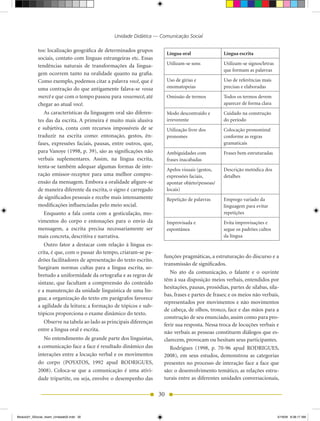Unidade Didática — Comunicação Social

            tos: localização geográfica de determinados grupos
                                                                         Língua oral               Língua escrita
            sociais, contato com línguas estrangeiras etc. Essas
            tendências naturais de transformações da lingua-             Utilizam-se sons          Utilizam-se signos/letras
                                                                                                   que formam as palavras
            gem ocorrem tanto na oralidade quanto na grafia.
            Como exemplo, podemos citar a palavra você, que é            Uso de gírias e           Uso de referências mais
            uma contração do que antigamente falava-se vossa             onomatopeias              precisas e elaboradas
            mercê e que com o tempo passou para vossemecê, até           Omissão de termos         Todos os termos devem
            chegar ao atual você.                                                                  aparecer de forma clara
               As características da linguagem oral são diferen-         Modo descontraído e       Cuidado na construção
            tes das da escrita. A primeira é muito mais alusiva          irreverente               do período
            e subjetiva, conta com recursos impossíveis de se            Utilização livre dos      Colocação pronominal
            traduzir na escrita como: entonação, gestos, ên-             pronomes                  conforme as regras
            fases, expressões faciais, pausas, entre outros, que,                                  gramaticais
            para Vanoye (1998, p. 39), são as significações não          Ambiguidades com          Frases bem estruturadas
            verbais suplementares. Assim, na língua escrita,             frases inacabadas
            tenta-se também adequar algumas formas de inte-
                                                                         Apelos visuais (gestos,   Descrição metódica dos
            ração emissor-receptor para uma melhor compre-               expressões faciais,       detalhes
            ensão da mensagem. Embora a oralidade afigure-se             apontar objeto/pessoas/
            de maneira diferente da escrita, o signo é carregado         locais)
            de significados pessoais e recebe mais intensamente          Repetição de palavras     Emprego variado da
            modificações influenciadas pelo meio social.                                           linguagem para evitar
               Enquanto a fala conta com a gesticulação, mo-                                       repetições
            vimentos do corpo e entonações para o envio da               Improvisada e             Evita improvisações e
            mensagem, a escrita precisa necessariamente ser              espontânea                segue os padrões cultos
            mais concreta, descritiva e narrativa.                                                 da língua
               Outro fator a destacar com relação à língua es-
            crita, é que, com o passar do tempo, criaram-se pa-
                                                                     funções pragmáticas, a estruturação do discurso e a
            drões facilitadores de apresentação do texto escrito.
                                                                     transmissão de significados.
            Surgiram normas cultas para a língua escrita, so-
                                                                        No ato da comunicação, o falante e o ouvinte
            bretudo a uniformidade da ortografia e as regras de
                                                                     têm à sua disposição meios verbais, entendidos por
            sintaxe, que facultam a compreensão do conteúdo
                                                                     hesitações, pausas, prosódias, partes de silabas, síla-
            e a manutenção da unidade linguística de uma lín-
                                                                     bas, frases e partes de frases; e os meios não verbais,
            gua; a organização do texto em parágrafos favorece
                                                                     representados por movimentos e não movimentos
            a agilidade da leitura; a formação de tópicos e sub-
                                                                     de cabeça, de olhos, tronco, face e das mãos para a
            tópicos proporciona o exame dinâmico do texto.
                                                                     construção de seu enunciado, assim como para pro-
               Observe na tabela ao lado as principais diferenças
                                                                     ferir sua resposta. Nessa troca de locuções verbais e
            entre a língua oral e escrita.                           não verbais as pessoas constituem diálogos que es-
               No entendimento de grande parte dos linguistas,       clarecem, provocam ou hesitam seus participantes.
            a comunicação face a face é resultado dinâmico das          Rodrigues (1998, p. 70-96 apud RODRIGUES,
            interações entre a locução verbal e os movimentos        2008), em seus estudos, demonstrou as categorias
            do corpo (POYATOS, 1992 apud RODRIGUES,                  presentes no processo de interação face a face que
            2008). Coloca-se que a comunicação é uma ativi-          são: o desenvolvimento temático, as relações estru-
            dade tripartite, ou seja, envolve o desempenho das       turais entre as diferentes unidades conversacionais,

                                                                    30


Modulo01_SSocial_4sem_Unidade02.indd 30                                                                                        5/19/09 8:38:17 AM
 