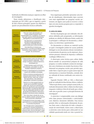 AULA 3 — O Processo de Pesquisa

              lumbrada em diferentes nuanças e aspectos ao olhar                         Essa organização pretendeu apresentar uma for-
              do investigador.                                                        ma de classificação; determinados tipos ocorrem
                Neste estudo, adotaremos a classificação siste-                       com mais regularidade em pesquisas sociais, en-
              matizada por Gil (1991), que as organiza a partir                       tretanto, em alguns casos pode-se recorrer a vários
              de dois critérios principais: quanto aos objetivos e                    tipos em uma mesma pesquisa para se responder à
              quanto aos procedimentos técnicos utilizados.                           questão investigada.

                                 Quanto aos objetivos gerais
                                                                                      A coleta de dados
                                     Visa criar maior aproximação com
                                       o tema, proporcionando maior                      Em face da pesquisa que será realizada e dos ob-
                 Pesquisa
                                 familiaridade com o problema; na maioria             jetivos definidos pelo pesquisador, as informações
               Exploratória
                                   dos casos, assume a forma de pesquisa
                                    bibliográfica ou de estudo de caso.               poderão ser obtidas de diferentes fontes, sendo três
                                       Visa descrever as características              as principais: a utilização de documentos, a obser-
                 Pesquisa              de determinada população ou
                 Descritiva             fenômeno utilizando técnicas
                                                                                      vação, e as entrevistas e questionários.
                                     padronizadas para coleta de dados.                  Os documentos se referem ao material escrito
                                       Visa identificar os fatores que                ao qual o investigador poderá ter acesso, podendo
                 Pesquisa        determinam a ocorrência de determinados
                Explicativa        fenômenos. Busca explicar a razão, “o              distinguir-se em: documentos oficiais (normalmen-
                                         porquê” de acontecerem.
                                                                                      te provenientes de governo ou de empresas), docu-
                                                                                      mentos pessoais, material de imprensa e utilitários
                      Quanto aos procedimentos técnicos utilizados                    (catálogos, folhetos etc.).
                                    É desenvolvida a partir da utilização de
                  Pesquisa           material impresso elaborado – livros,
                                                                                         A observação como técnica para coletar dados
                Bibliográfica       artigos científicos, material eletrônico,         deverá atender às características próprias de cada
                                                almanaques etc.
                                                                                      pesquisa e se realiza mediante contato do investiga-
                                       É desenvolvida a partir de fontes
                  Pesquisa
                                      documentais, que podem ou não ter
                                                                                      dor com o fenômeno em estudo. Essa técnica é fun-
                 Documental
                                        recebido tratamento analítico.                damental em pesquisas sociais, pois permite apre-
                  Pesquisa         Consiste na reprodução de um fenômeno              ender fatos e aspectos para os quais outros tipos de
                Experimental          a partir de condições controladas.
                                                                                      instrumentos se mostram limitados, contudo deve
                                      Utiliza os mesmos procedimentos da
                                      pesquisa experimental, diferindo no             ser utilizada de forma combinada com outras téc-
                  Pesquisa
                                      aspecto de que, neste caso, os fatos            nicas.
                Ex-post-facto
                                       são espontâneos, não podendo o
                                       pesquisador controlar as variáveis.               Segundo Dencker (2001, p. 146), a observação
                                      Baseia-se na interrogação direta ao             pode ser realizada de duas formas: direta e indireta.
                                       grupo que se pretende investigar;              “Observação direta, como o próprio nome já diz, é a
                                      neste caso, recorre-se à amostra que
                                    deverá ser significativa para possibilitar        realizada diretamente sobre o objeto da observação,
               Levantamento
                                    generalizações. As pesquisas desse tipo
                                                                                      enquanto a indireta é feita de tal modo que o obser-
                                     não são adequadas quando se tratar
                                     de estudos de problemas referentes a             vado não se percebe como o principal elemento da
                                    relações e estruturas sociais complexas.
                                                                                      investigação”.
                                     Tem como base o estudo de um ou
                  Estudo de
                                   poucos objetos visando conhecê-lo(s) de               A entrevista é compreendida como um diálogo
                     Caso
                                       forma profunda e detalhada.                    entre duas pessoas (entrevistador e entrevistado)
                                     É realizada de forma articulada a uma            com objetivos claramente definidos. Essa técnica
                Pesquisa-ação       ação diante de um problema detectado
                                             no processo de pesquisa.                 permite obter as informações diretamente da pes-
                                     Há interação entre o pesquisador e               soa, bem como a observação de toda a situação e
                                     o grupo de interesse da pesquisa e,              reação do entrevistado. Assim como a observação,
                  Pesquisa
                                   muito embora tenha semelhança com a
                 Participante                                                         a entrevista como técnica para coleta pode ter sua
                                   pesquisa-ação, procura distinguir a ação
                                   espontânea (popular) da ação científica.           validade questionada tendo em vista a possível in-

                                                                                 69


Modulo01_SSocial_4sem_Unidade03.indd 69                                                                                                 5/19/09 8:43:27 AM
 
