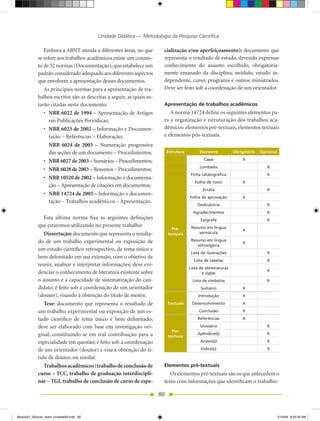 Unidade Didática — Metodologia da Pesquisa Científica

               Embora a ABNT atenda a diferentes áreas, no que         cialização e/ou aperfeiçoamento): documento que
            se refere aos trabalhos acadêmicos existe um conjun-       representa o resultado de estudo, devendo expressar
            to de 32 normas (Documentação), que estabelece um          conhecimento do assunto escolhido, obrigatoria-
            padrão considerado adequado aos diferentes aspectos        mente emanado da disciplina, módulo, estudo in-
            que envolvem a apresentação desses documentos.             dependente, curso, programa e outros ministrados.
               As principais normas para a apresentação de tra-        Deve ser feito sob a coordenação de um orientador.
            balhos escritos são as descritas a seguir, as quais es-
            tarão citadas neste documento:                             Apresentação de trabalhos acadêmicos
               •	 NBR 6022 de 1994 – Apresentação de Artigos              A norma 14724 define os seguintes elementos pa-
                  em Publicações Periódicas;                           ra a organização e estruturação dos trabalhos aca-
               •	 NBR 6023 de 2002 – Informação e Documen-             dêmicos: elementos pré-textuais, elementos textuais
                  tação – Referências – Elaboração;                    e elementos pós-textuais.
                  NRB 6024 de 2003 – Numeração progressiva
                  das seções de um documento – Procedimentos;              Estrutura        Elemento           Obrigatório   Opcional

               •	 NBR 6027 de 2003 – Sumários – Procedimentos;                                Capa                 X
                                                                                            Lombada                             X
               •	 NBR 6028 de 2003 – Resumos – Procedimentos;
                                                                                       Ficha catalográfica                      X
               •	 NBR 10520 de 2002 – Informação e documenta-
                                                                                          Folha de rosto           X
                  ção – Apresentação de citações em documentos;
                                                                                              Errata                            X
               •	 NBR 14724 de 2005 – Informação e documen-
                                                                                       Folha de aprovação          X
                  tação – Trabalhos acadêmicos – Apresentação.
                                                                                           Dedicatória                          X
                                                                                         Agradecimentos                         X
              Esta última norma fixa as seguintes definições                                 Epígrafe                           X
            que estaremos utilizando no presente trabalho:                              Resumo em língua
                                                                             Pré-                                  X
               Dissertação: documento que representa o resulta-            textuais         vernácula

            do de um trabalho experimental ou exposição de                              Resumo em língua
                                                                                                                   X
                                                                                           estrangeira
            um estudo científico retrospectivo, de tema único e
                                                                                       Lista de ilustrações                     X
            bem delimitado em sua extensão, com o objetivo de
                                                                                         Lista de tabelas                       X
            reunir, analisar e interpretar informações; deve evi-
                                                                                       Lista de abreviaturas
            denciar o conhecimento de literatura existente sobre                                                                X
                                                                                              e siglas
            o assunto e a capacidade de sistematização do can-                          Lista de símbolos                       X
            didato; é feito sob a coordenação de um orientador                               Sumário               X
            (doutor), visando à obtenção do título de mestre.                              Introdução              X

               Tese: documento que representa o resultado de               Textuais     Desenvolvimento            X

            um trabalho experimental ou exposição de um es-                                 Conclusão              X

            tudo científico de tema único e bem delimitado;                                Referências             X

            deve ser elaborado com base em investigação ori-                                Glossário                           X
                                                                             Pós-
            ginal, constituindo-se em real contribuição para a                             Apêndice(s)                          X
                                                                           textuais
            especialidade em questão; é feito sob a coordenação                              Anexo(s)                           X

            de um orientador (doutor) e visa à obtenção do tí-                               Índice(s)                          X

            tulo de doutor, ou similar.
               Trabalhos acadêmicos (trabalho de conclusão de          Elementos pré-textuais
            curso – TCC, trabalho de graduação interdiscipli­             Os elementos pré-textuais são os que antecedem o
            nar – TGI, trabalho de conclusão de curso de espe­         texto com informações que identificam o trabalho:

                                                                      80


Modulo01_SSocial_4sem_Unidade03.indd 80                                                                                                 5/19/09 8:43:30 AM
 