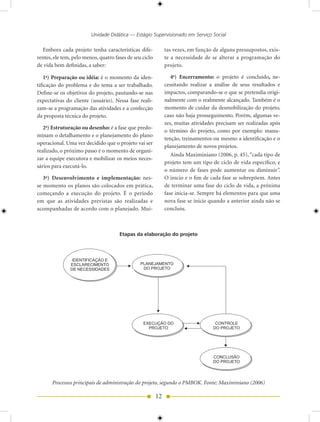 Unidade Didática — Estágio Supervisionado em Serviço Social

  Embora cada projeto tenha características dife-             tas vezes, em função de alguns pressupostos, exis-
rentes, ele tem, pelo menos, quatro fases de seu ciclo        te a necessidade de se alterar a programação do
de vida bem definidas, a saber:                               projeto.

    1a) Preparação ou idéia: é o momento da iden-                4a) Encerramento: o projeto é concluído, ne-
tificação do problema e do tema a ser trabalhado.             cessitando realizar a análise de seus resultados e
Define-se os objetivos do projeto, pautando-se nas            impactos, comparando-se o que se pretendia origi-
expectativas do cliente (usuário). Nessa fase reali-          nalmente com o realmente alcançado. Também é o
zam-se a programação das atividades e a confecção             momento de cuidar da desmobilização do projeto,
da proposta técnica do projeto.                               caso não haja prosseguimento. Porém, algumas ve-
                                                              zes, muitas atividades precisam ser realizadas após
   2a) Estruturação ou desenho: é a fase que predo-
                                                              o término do projeto, como por exemplo: manu-
minam o detalhamento e o planejamento do plano
                                                              tenção, treinamentos ou mesmo a identificação e o
operacional. Uma vez decidido que o projeto vai ser
                                                              planejamento de novos projetos.
realizado, o próximo passo é o momento de organi-
                                                                 Ainda Maximiniano (006, p. 5), “cada tipo de
zar a equipe executora e mobilizar os meios neces-
                                                              projeto tem um tipo de ciclo de vida específico, e
sários para executá-lo.
                                                              o número de fases pode aumentar ou diminuir”.
   3a) Desenvolvimento e implementação: nes-                  O início e o fim de cada fase se sobrepõem. Antes
se momento os planos são colocados em prática,                de terminar uma fase do ciclo de vida, a próxima
começando a execução do projeto. É o período                  fase inicia-se. Sempre há elementos para que uma
em que as atividades previstas são realizadas e               nova fase se inicie quando a anterior ainda não se
acompanhadas de acordo com o planejado. Mui-                  concluiu.



                                      Etapas da elaboração do projeto



                IDENTIFICAÇÃO E
               ESCLARECIMENTO                   PLANEJAMENTO
               DE NECESSIDADES                   DO PROJETO




                                                 EXECUÇÃO DO                        CONTROLE
                                                   PROJETO                         DO PROJETO




                                                                                   CONCLUSÃO
                                                                                   DO PROJETO




       Processos principais de administração do projeto, segundo o PMBOK. Fonte: Maximiniano (2006)

                                                         1
 