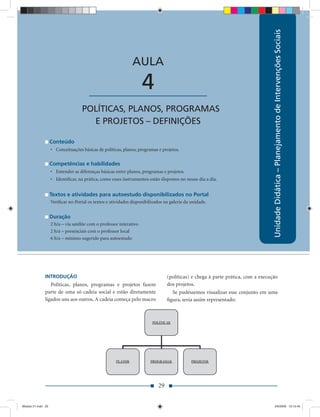 Unidade Didática – Planejamento de Intervenções Sociais
                                                               AULA

                                        ____________________          4
                                    POLÍTICAS, PLANOS, PROGRAMAS
                                      E PROJETOS – DEFINIÇÕES

                    Conteúdo
                    • Conceituações básicas de políticas, planos, programas e projetos.

                    Competências e habilidades
                    • Entender as diferenças básicas entre planos, programas e projetos.
                    • Identiﬁcar, na prática, como esses instrumentos estão dispostos no nosso dia a dia.


                    Textos e atividades para autoestudo disponibilizados no Portal
                    Veriﬁcar no Portal os textos e atividades disponibilizados na galeria da unidade.


                    Duração
                    2 h/a – via satélite com o professor interativo
                    2 h/a – presenciais com o professor local
                    6 h/a – mínimo sugerido para autoestudo




               INTRODUÇÃO                                                        (políticas) e chega à parte prática, com a execução
                  Políticas, planos, programas e projetos fazem                  dos projetos.
               parte de uma só cadeia social e estão diretamente                   Se pudéssemos visualizar esse conjunto em uma
               ligados uns aos outros. A cadeia começa pelo macro                ﬁgura, seria assim representado:




                                                                            29


Modulo 01.indd 29                                                                                                                    2/6/2009 12:15:40
 