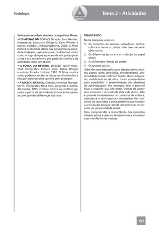 Sociologia                                                            Tema 2 - Atividades



  Vale a pena conferir também os seguintes ﬁlmes:      FINALIZANDO
  • FOI APENAS UM SONHO. Direção: Sam Mendes.          Nesta disciplina você viu:
  Intérpretes: Leonardo DiCaprio, Kate Winslet e
                                                       1. Os conceitos de cultura, subcultura, contra-
  outros. Estados Unidos/Inglaterra, 2008. O ﬁlme
                                                           cultura e como a cultura interfere nas rela-
  mostra os diversos status que ocupamos na socie-
                                                           ções sociais,
  dade (mãe/pai, esposo/esposa, proﬁssional, etc) e
  como o fugir do que esperam de nós pode gerar        2. Os diferentes status e a articulação do papel
  crises e estranhamento por parte da família e da         social,
  sociedade como um todo);                             3. As diferentes formas de poder,
  • A FORÇA DO DESTINO. Direção: Taylor Hack-          4. Os grupos sociais.
  ford. Intérpretes: Richard Gere, Debra Winger        Além dos conceitos principais citados acima, mui-
  e outros. Estados Unidos, 1982. O ﬁlme mostra        tos outros como xenofobia, etnocentrismo, per-
  como podemos mudar o status social atribuído a       sonalidade social, status atribuído, status adquiri-
  nós por meio de uma carreira com prestígio.          do, mobilidade social, elite, foram apresentados
  • A MASSAI BRANCA. Direção: Hermine Huntge-          para possibilitar o entendimento dos objetivos
  burth. Intérpretes: Nina Hoss, Jacky Ido e outros.   de aprendizagem. Por exemplo: Não é possível
  Alemanha, 2005. O ﬁlme mostra os conﬂitos ge-        falar a respeito das diferentes formas de poder
  rados a partir da convivência íntima entre pesso-    sem entender o conceito de elite e de status. Não
  as com grandes diferenças culturais.                 é possível compreender os conceitos de cultura,
                                                       subcultura e contracultura dissociados dos con-
                                                       ceitos de xenofobia e etnocentrismo ou entender
                                                       a articulação do papel social sem conhecer o con-
                                                       ceito de personalidade social.
                                                       Para compreender a importância dos conceitos
                                                       citados acima é preciso relacioná-los e entender
                                                       suas interferências mútuas.




                                                                                                     193
 