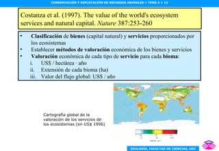 Costanza et al. (1997). The value of the world's ecosystem services and natural capital.  Nature  387:253-260 Clasificación  de  bienes  (capital natural) y  servicios  proporcionados por los ecosistemas Establecer  métodos de valoración  económica de los bienes y servicios Valoración  económica de cada tipo de  servicio  para cada  bioma : US$ / hectárea · año Extensión de cada bioma (ha) Valor del flujo global: US$ / año Cartografía global de la valoración de los servicios de los ecosistemas (en US$ 1996) 