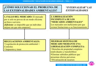 ¿CÓMO SOLUCIONAR EL PROBLEMA DE LAS EXTERNALIDADES AMBIENTALES? REGULACIONES AMBIENTALES: Legislación de protección ambiental + Controles Impuestos y tasas “ INTERNALIZAR” LAS EXTERNALIDADES 2. LIBERALIZACIÓN INCOMPLETA DE LOS “MERCADOS AMBIENTALES” Los mercados son ineficientes por que existen limitaciones a su funcionamiento 1. FALLO DEL MERCADO:   El mercado por si solo no provee de un modo eficiente un bien o servicio. [ Eficiente : es imposible que un individuo mejore sin que otro empeore] MEJORAR SISTEMAS DE MERCADO MEDIANTE UNA LIBERALIZACIÓN COMPLETA: Derechos de propiedad completos (individuales y transferibles) Eliminar subsidios públicos que presentan efectos perversos Privatización de recursos 