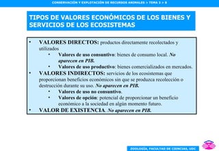 TIPOS DE VALORES ECONÓMICOS DE LOS BIENES Y SERVICIOS DE LOS ECOSISTEMAS VALORES DIRECTOS:  productos directamente recolectados y utilizados Valores de uso consuntivo : bienes de consumo local.  No aparecen en PIB. Valores de uso productivo : bienes comercializados en mercados. VALORES INDIRECTOS:  servicios de los ecosistemas que proporcionan beneficios económicos sin que se produzca recolección o destrucción durante su uso.  No aparecen en PIB. Valores de uso no consuntivo . Valores de opción : potencial de proporcionar un beneficio económico a la sociedad en algún momento futuro. VALOR DE EXISTENCIA .  No aparecen en PIB. 