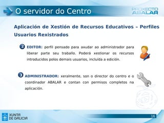 O servidor do Centro

Aplicación de Xestión de Recursos Educativos – Perfiles
Usuarios Rexistrados

  2 EDITOR: perfil pensado para axudar ao administrador para
     liberar parte seu traballo. Poderá xestionar os recursos
     introducidos polos demais usuarios, incluída a edición.



  3 ADMINISTRADOR: xeralmente, son o director do centro e o
    coordinador ABALAR e contan con permisos completos na
    aplicación.




                                                                16
                                                                16
 