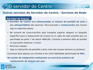 O servidor do Centro
Outros servizos do Servidor do Centro - Servizos de Rede

  Servidor de Imaxes
   O Servidor do centro leva almacenadas as imaxes do portátil da aula e
     dos ultraportátiles dos alumnos. Para proceder a restauración das imaxes
     siga os seguintes pasos:

    No armario de comunicacións pola trampilla superior atopará un latiguillo
     específico para a restauración de imaxes (é un cable de rede amarelo que vai
     parcheado ao porto 7 do switch ABALAR). Conecte o extremo libre ao portátil
     no que quere restaurar a imaxe.
    Reinicie o equipo.
    Siga as indicacións da pantalla e elixa unha das imaxes (alumno ou profesor)

   O proceso dura apenas uns minutos e ten unha fiabilidade aproximada do 90%

   Na sesión de integración realizarase un exercicio práctico de
     restauración de imaxes por pxe.

                                                                                    25
                                                                                    25
 