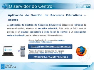 O servidor do Centro

Aplicación de Xestión de Recursos Educativos –
Acceso
A aplicación de Xestión de Recursos Educativos atópase na intranet do
centro educativo, aloxada no servidor ABALAR. Polo tanto, o único que se
precisa é un equipo conectado á rede local do centro e un navegador
web actualizado, onde deberemos escribir o enderezo:

                   Acceso á aplicación de recursos dos equipos
                   conectados á rede Abalar:


                      http://servidorcentro/recursos
                    Acceso á aplicación de recursos dos equipos
                    conectados á rede do centro (69.x.y.z)

                         http://69.x.y.250/recursos


                                                                           9
                                                                           9
 