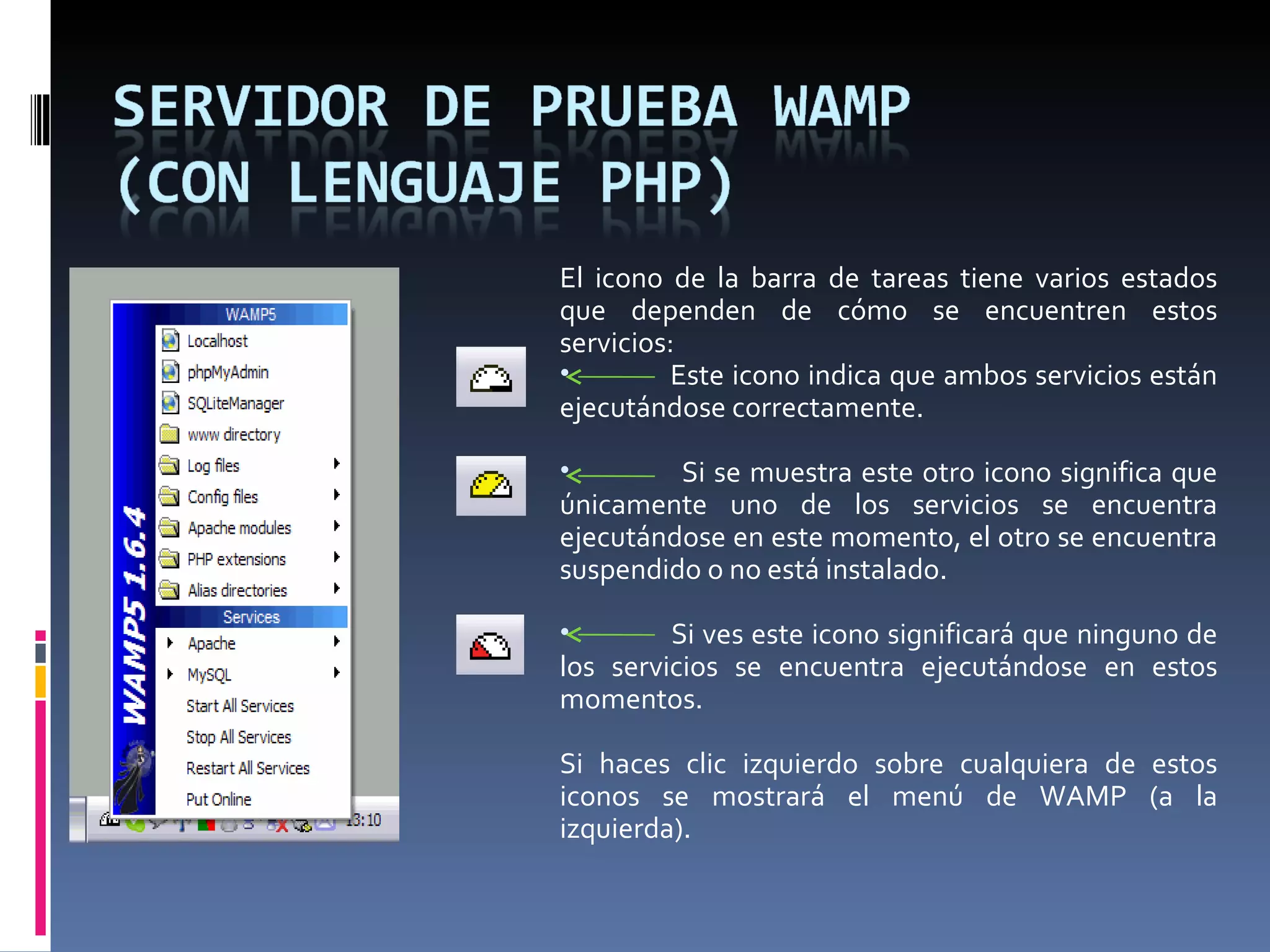 El icono de la barra de tareas tiene varios estados que dependen de cómo se encuentren estos servicios: Este icono indica que ambos servicios están ejecutándose correctamente. Si se muestra este otro icono significa que únicamente uno de los servicios se encuentra ejecutándose en este momento, el otro se encuentra suspendido o no está instalado. Si ves este icono significará que ninguno de los servicios se encuentra ejecutándose en estos momentos.   Si haces clic izquierdo sobre cualquiera de estos iconos se mostrará el menú de WAMP (a la izquierda). 