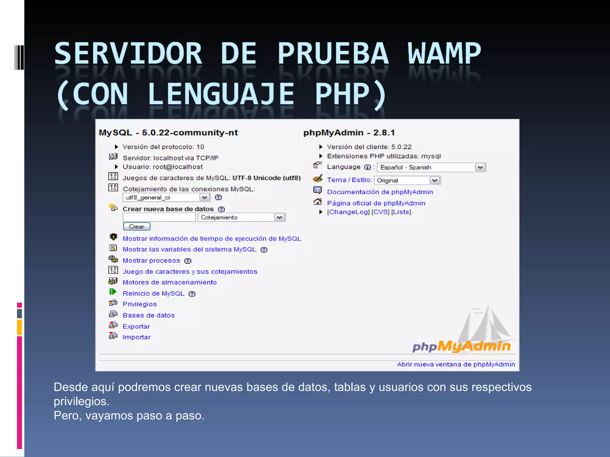 Desde aquí podremos crear nuevas bases de datos, tablas y usuarios con sus respectivos privilegios. Pero, vayamos paso a paso.  
