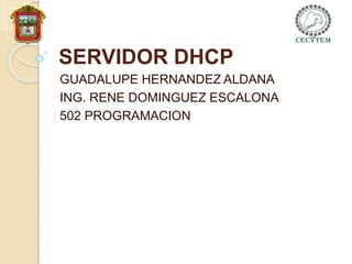 SERVIDOR DHCP
GUADALUPE HERNANDEZ ALDANA
ING. RENE DOMINGUEZ ESCALONA
502 PROGRAMACION
 