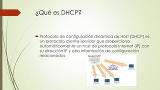 ¿Qué es DHCP?
 Protocolo de configuración dinámica de Host (DHCP) es
un protocolo cliente-servidor que proporciona
automáticamente un host de protocolo Internet (IP) con
su dirección IP y otra información de configuración
relacionados
 