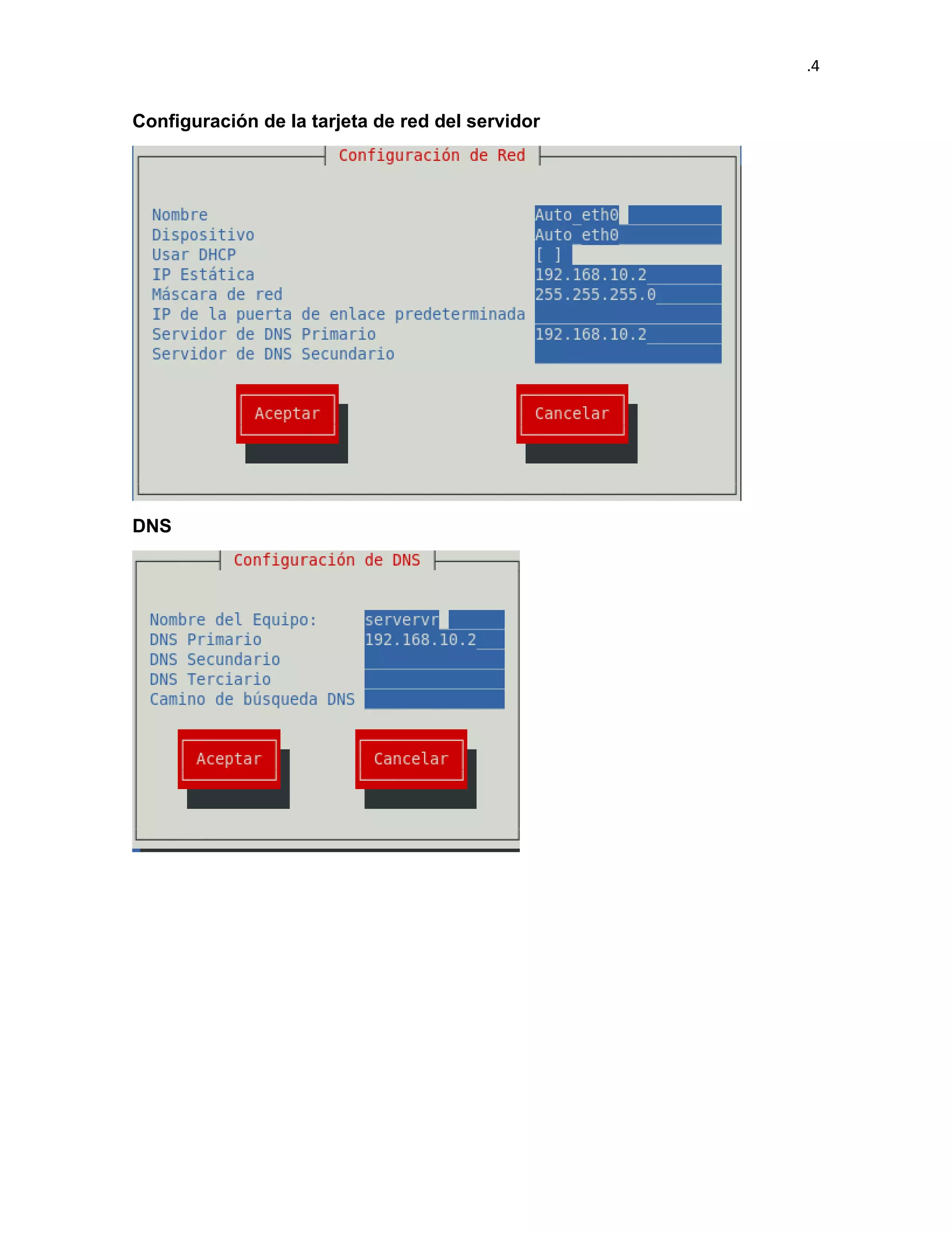 .4 
Configuración de la tarjeta de red del servidor 
DNS 
 