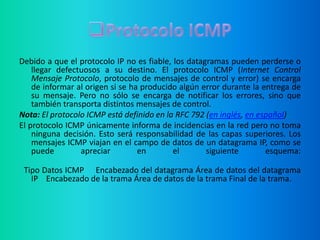 Protocolo ICMPDebido a que el protocolo IP no es fiable, los datagramas pueden perderse o llegar defectuosos a su destino. El protocolo ICMP (Internet Control Mensaje Protocolo, protocolo de mensajes de control y error) se encarga de informar al origen si se ha producido algún error durante la entrega de su mensaje. Pero no sólo se encarga de notificar los errores, sino que también transporta distintos mensajes de control.Nota: El protocolo ICMP está definido en la RFC 792 (en inglés, en español)El protocolo ICMP únicamente informa de incidencias en la red pero no toma ninguna decisión. Esto será responsabilidad de las capas superiores. Los mensajes ICMP viajan en el campo de datos de un datagrama IP, como se puede apreciar en el siguiente esquema:   Tipo Datos ICMP     Encabezado del datagrama Área de datos del datagrama IP    Encabezado de la trama Área de datos de la trama Final de la trama.