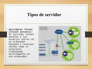 • Servidores Telnet
(Telnet Servers):
Un servidor telnet
permite a los
usuarios entrar en
un ordenador
huésped y realizar
tareas como si
estuviera
trabajando
directamente en
ese ordenador.
Tipos de servidor
 