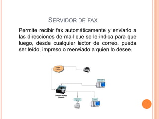 SERVIDOR DE FAX
Permite recibir fax automáticamente y enviarlo a
las direcciones de mail que se le indica para que
luego, desde cualquier lector de correo, pueda
ser leído, impreso o reenviado a quien lo desee.
 