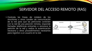 SERVIDOR DEL ACCESO REMOTO (RAS)
• Controla las líneas de módem de los
monitores u otros canales de comunicación
de la red para que las peticiones conecten
con la red de una posición remota, responde
llamadas telefónicas entrantes o reconoce la
petición de la red y realiza la autenticación
necesaria y otros procedimientos necesarios
para registrar a un usuario en la red.
 