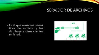 SERVIDOR DE ARCHIVOS
• Es el que almacena varios
tipos de archivos y los
distribuye a otros clientes
en la red.
 