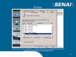 Portas
Com um pool de impressão, o usuário imprime um documento sem ter de
descobrir qual impressora está disponível.
 