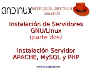 Instalación de ServidoresInstalación de Servidores
GNU/LinuxGNU/Linux
(parte dos)
Instalación ServidorInstalación Servidor
APACHE, MySQL y PHPAPACHE, MySQL y PHP
andinux.blogspot.com
 