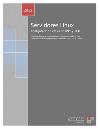 2012


   Servidores Linux
   Configuración Estática de DNS y DHCP
   Este manual es con el objetivo de tener conocimientos básicos en la
   configuración de servidores Linux de los servicios DNS y DHCP Estático.




                                                       Bryan Alvarado Cruz
                                                     Técnico en Telemática
                                                               01/01/2012
 