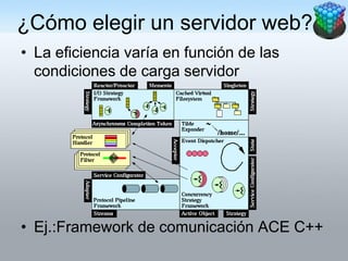 ¿Cómo elegir un servidor web?
• La eficiencia varía en función de las
  condiciones de carga servidor




• Ej.:Framework de comunicación ACE C++
 