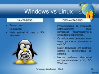 Windows vs Linux
• Baixo custo
• Segurança
• Mais estável do que o SO
Windows.
Formando - Luis Bastos - EFA B 14
• Procedimentos de instalação
potencialmente mais
complexos - recomendável a
utilizadores experientes.
• Os utilizadores demoram mais
tempo para se acostumarem a
este SO.
• Maior dificuldade em controlo,
gestão e configuração do
sistema.
• Menos software disponível
comparativamente com SO
Windows.
VANTAGENS DESVANTAGENS
 