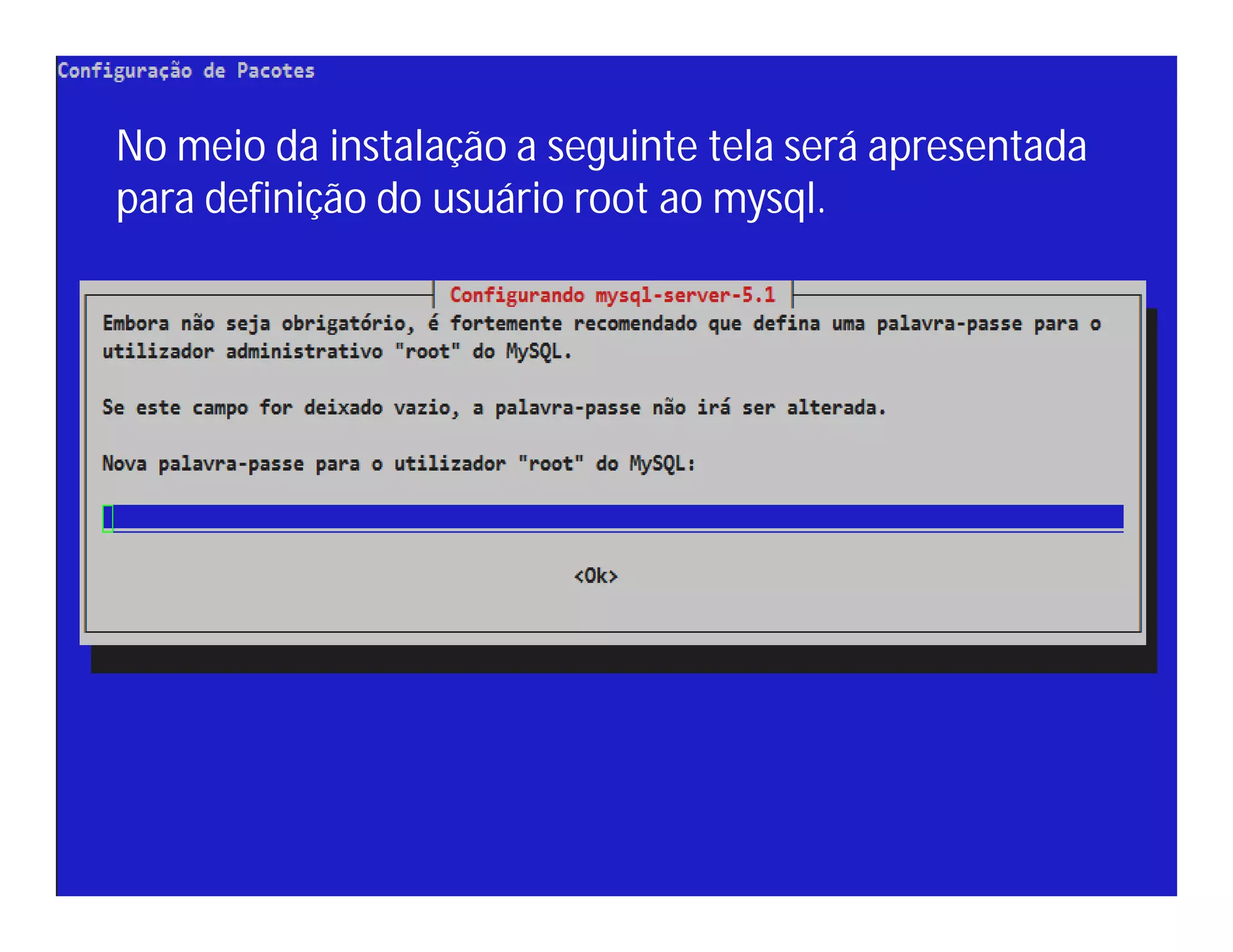 No meio da instalação a seguinte tela será apresentada
para definição do usuário root ao mysql.

 