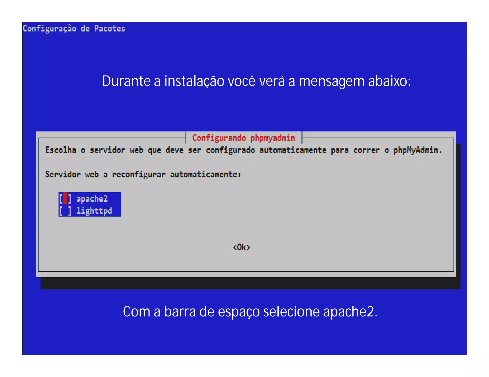Durante a instalação você verá a mensagem abaixo:

Com a barra de espaço selecione apache2.

 