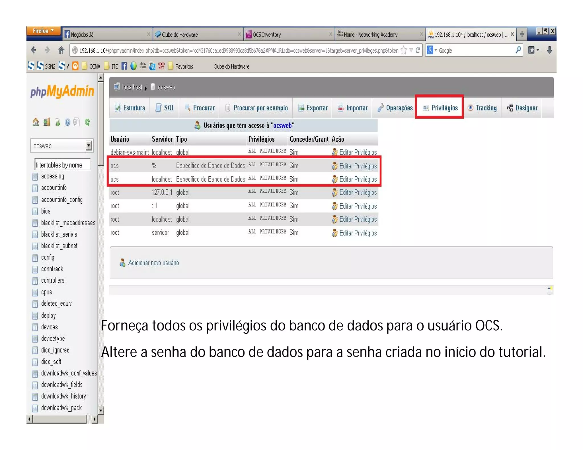 Forneça todos os privilégios do banco de dados para o usuário OCS.
Altere a senha do banco de dados para a senha criada no início do tutorial.

 