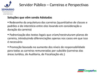 Soluções que vêm sendo Adotadas
 Redesenho da arquitetura das carreiras (quantitativo de classes e
padrões e do interstício entre eles levando em consideração a
duração da carreira)
 Padronização dos textos legais que criam/reestruturam planos de
carreira, introduzindo diferenciações apenas nos casos em que isso
é necessário
 Promoção baseada no aumento dos níveis de responsabilidade
para todas as carreiras remuneradas por subsídio (carreiras das
áreas Jurídica, de Auditoria, de Fiscalização etc.)
Servidor Público – Carreiras e Perspectivas
 