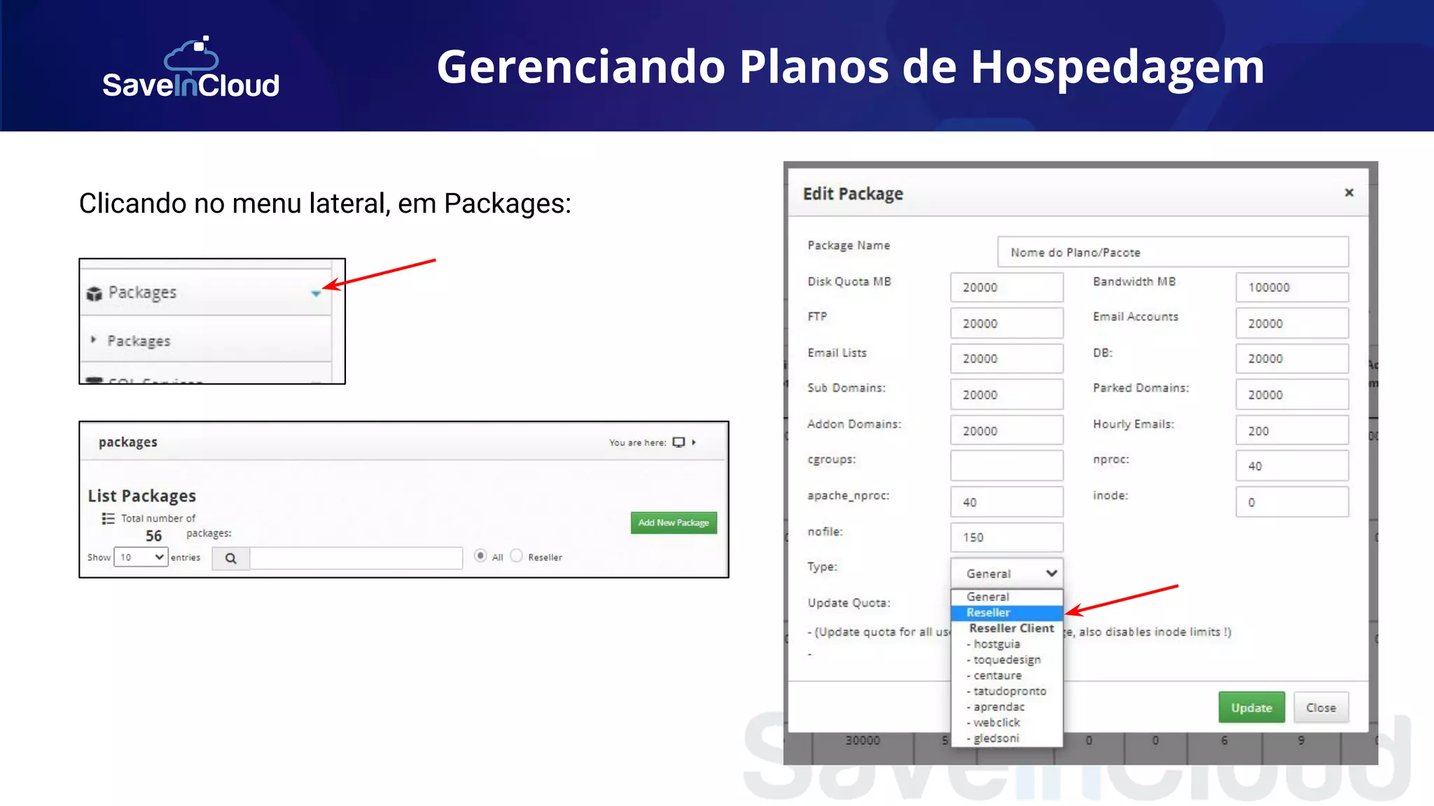 Gerenciando Planos de Hospedagem
Clicando no menu lateral, em Packages:
 