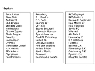Equipas     Boca Juniors     River Plate     Anderlecht     Club Brugge     Standard Liège     Internacional     Dinamo Zagreb     Slavia Prague     Brøndby     Copenhagen     Liverpool     Manchester United     HJK Helsinki     AEK Athens     Olympiacos     Panathinaikos     Rosenborg     S.L. Benfica     F.C. Porto     Sporting CP     CFR Cluj     Steaua Bucureşti     Lokomotiv Moscow     Spartak Moscow     Zenit St. Petersburg     Celtic F.C.     Glasgow Rangers     Red Star Belgrade     Athletic Bilbao     Atlético Madrid     Barcelona     Deportivo La Coruña     RCD Espanyol     RCD Mallorca     Racing de Santander     Real Madrid CF     Real Valladolid     Sevilla FC     Villarreal     AIK Fotboll     Hammarby IF     IFK Göteborg     FC Basel     Beşiktaş J.K.     Fenerbahçe S.K.     Galatasaray S.K.     Dynamo Kyiv     Shakhtar Donetsk 