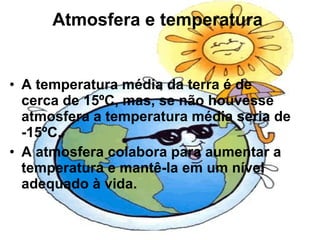 Atmosfera e temperatura   A temperatura média da terra é de cerca de 15ºC, mas, se não houvesse atmosfera a temperatura média seria de -15ºC. A atmosfera colabora para aumentar a temperatura e mantê-la em um nível adequado à vida.  
