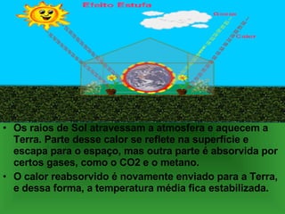 Os raios de Sol atravessam a atmosfera e aquecem a Terra. Parte desse calor se reflete na superfície e escapa para o espaço, mas outra parte é absorvida por certos gases, como o CO2 e o metano. O calor reabsorvido é novamente enviado para a Terra, e dessa forma, a temperatura média fica estabilizada. 