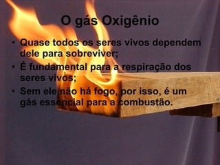 O gás Oxigênio Quase todos os seres vivos dependem dele para sobreviver; É fundamental para a respiração dos seres vivos; Sem ele não há fogo, por isso, é um gás essencial para a combustão. 