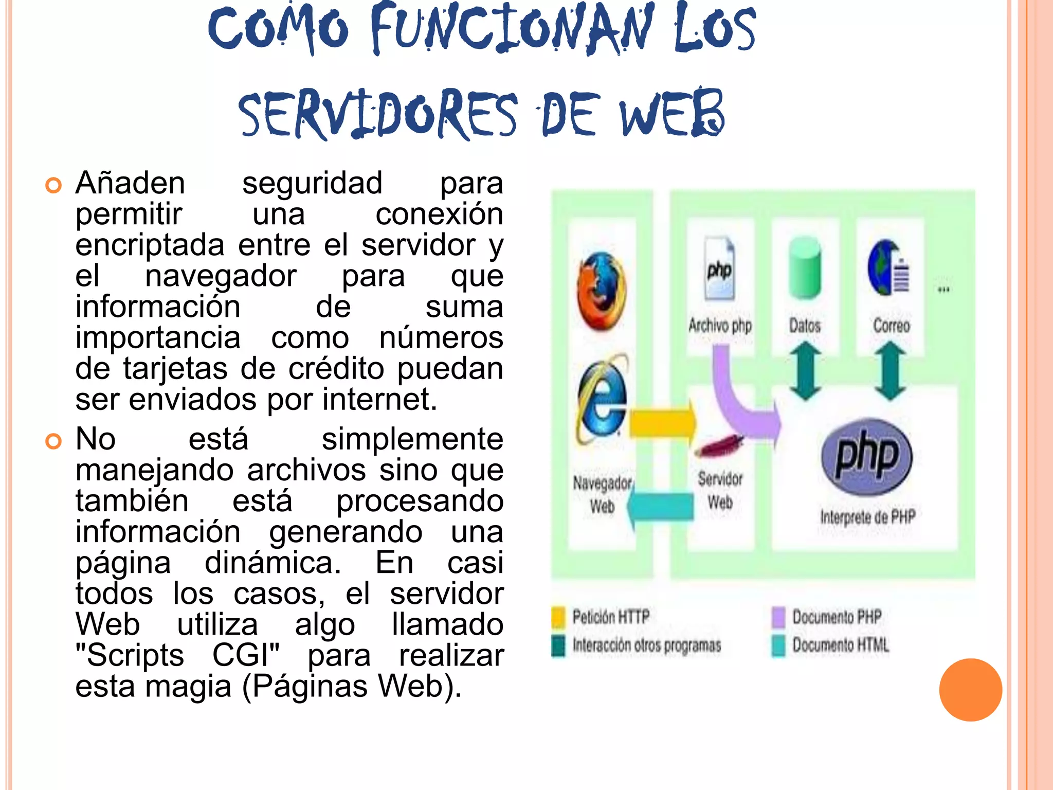 COMO FUNCIONAN LOS
              SERVIDORES DE WEB
   Añaden       seguridad     para
    permitir      una     conexión
    encriptada entre el servidor y
    el navegador para que
    información       de     suma
    importancia como números
    de tarjetas de crédito puedan
    ser enviados por internet.
   No       está     simplemente
    manejando archivos sino que
    también está procesando
    información generando una
    página dinámica. En casi
    todos los casos, el servidor
    Web utiliza algo llamado
    "Scripts CGI" para realizar
    esta magia (Páginas Web).
 
