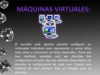 El servidor web Apache permite configurar un
ordenador individual para representar a varios sitios
web como si estuvieran en hosts separados. There are
two methods available and we describe the
configuration of each. Hay dos métodos disponibles y se
describe la configuración de cada uno. Choose one
method for your domain: Elija un método para su
dominio:
 