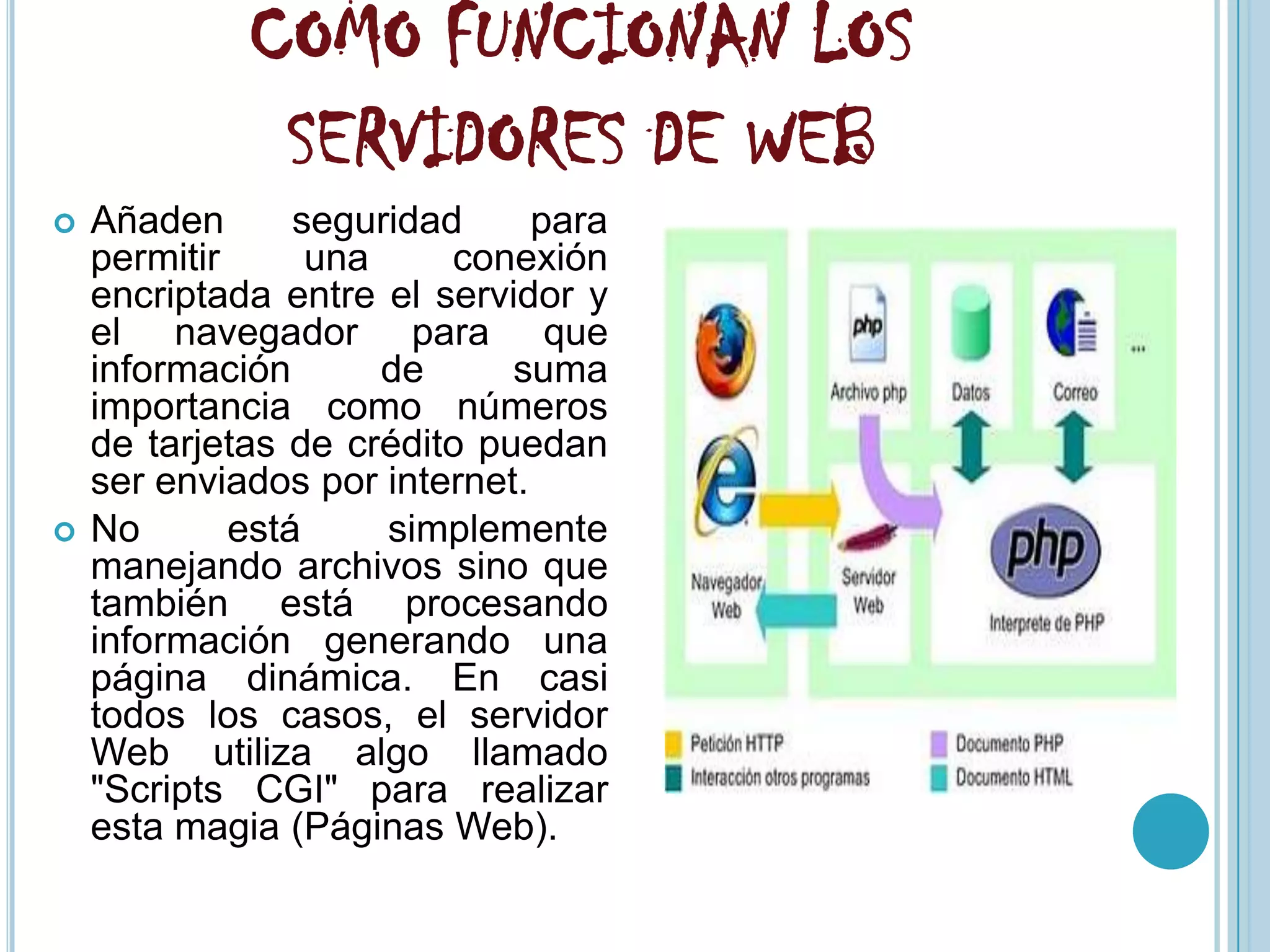 COMO FUNCIONAN LOS
              SERVIDORES DE WEB
   Añaden       seguridad     para
    permitir      una     conexión
    encriptada entre el servidor y
    el navegador para que
    información       de     suma
    importancia como números
    de tarjetas de crédito puedan
    ser enviados por internet.
   No       está     simplemente
    manejando archivos sino que
    también está procesando
    información generando una
    página dinámica. En casi
    todos los casos, el servidor
    Web utiliza algo llamado
    "Scripts CGI" para realizar
    esta magia (Páginas Web).
 