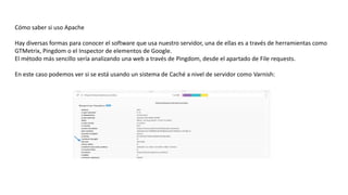 Cómo saber si uso Apache
Hay diversas formas para conocer el software que usa nuestro servidor, una de ellas es a través de herramientas como
GTMetrix, Pingdom o el Inspector de elementos de Google.
El método más sencillo sería analizando una web a través de Pingdom, desde el apartado de File requests.
En este caso podemos ver si se está usando un sistema de Caché a nivel de servidor como Varnish:
 