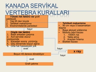 KANADA SERVĠKAL
VERTEBRA KURALLARI
        grafi
çekileçek
1. YaĢ 65 den büyük
2. Tehlikeli mekanizma                  Tehlikeli mekanizma
3. Ekstremitelerde parestezi         • 90 cm veya 5 basamaktan
                                     düĢme
                   hayır             • BaĢa aksiyel yüklenme
                                     • Motorlu taĢıt kazası
1. Basit arkadan çarpma                  1. 100km /sa
2. Acil serviste oturur                  2. Takla atma
pozisyonda                               3. Araçtan fırlama
3. Kazadan sonra yürümüĢ             • Bisiklet kazası
4. Geç dönemde boyun ağrısı
5. Orta hat hassasiyeti yok
                evet                hayır
                                                x ray
      Boyun 45 derece dönebiliyor
                                      hayır
                     evet
                 Grafi çekme
 