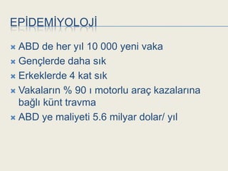 EPĠDEMĠYOLOJĠ

 ABD de her yıl 10 000 yeni vaka
 Gençlerde daha sık

 Erkeklerde 4 kat sık

 Vakaların % 90 ı motorlu araç kazalarına
  bağlı künt travma
 ABD ye maliyeti 5.6 milyar dolar/ yıl
 