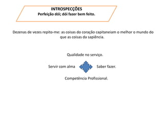 Dezenas de vezes repito-me: as coisas do coração capitaneiam o melhor o mundo do
que as coisas da sapiência.
Qualidade no serviço.
Servir com alma Saber fazer.
Competência Profissional.
INTROSPECÇÕES
Perfeição dói; dói fazer bem feito.
 