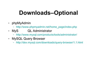Downloads–Optional phpMyAdmin http://www.phpmyadmin.net/home_page/index.php MyS QL Administrator http://www.mysql.com/products/tools/administrator/ MySQL Query Browser http://dev.mysql.com/downloads/query-browser/1.1.html 